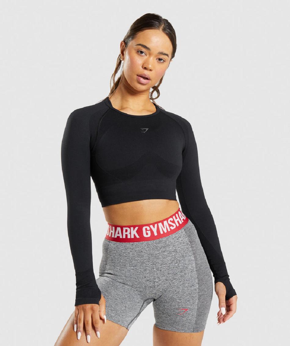 Gymshark Flex Sports Long Sleeve Ženske Ošišane Majice Crne | HR 3652MQZ